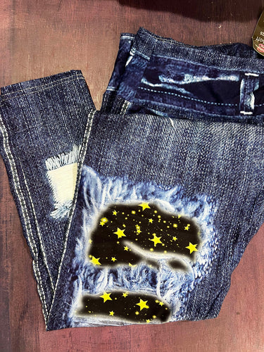 Gold Stars Blue Faux Denim Leggings