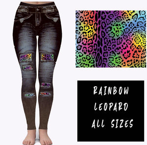 Rainbow Leopard Faux Denim Black Leggings