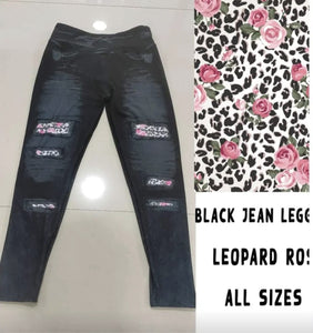 Leopard Rose Faux Black Denim Leggings