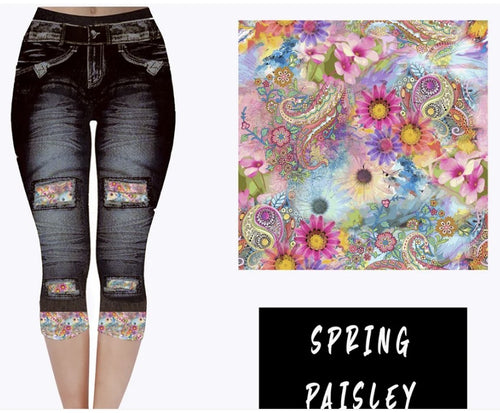 Spring Paisley Black Faux Denim Capris