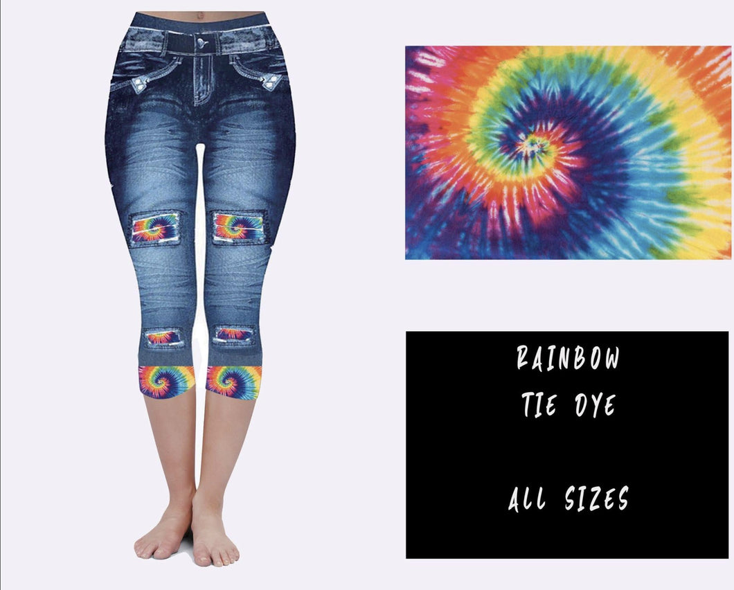 Rainbow Tie Dye Faux Blue Denim Leggings